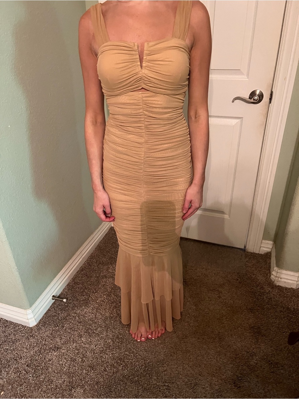 Chartou XS Ruched Sleeveless Maxi Dress in Camel